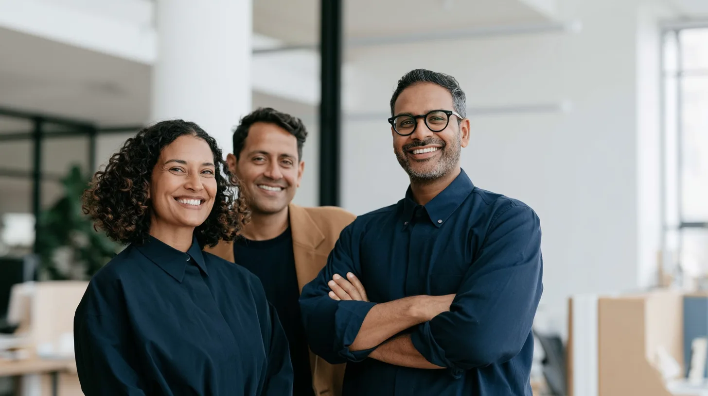 Trois collaborateurs debout côte à côte dans un bureau