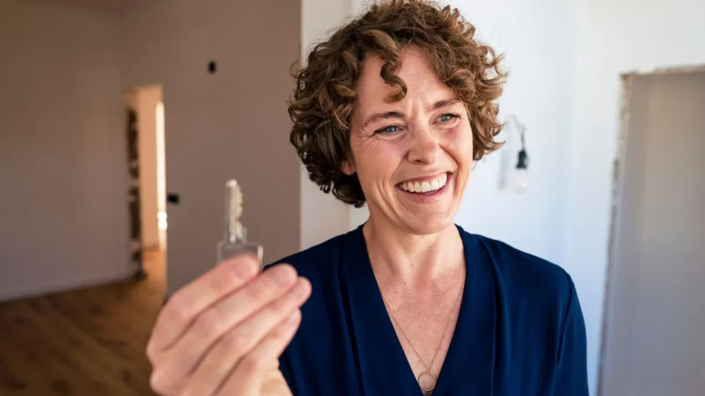 Une femme sourit en tenant une clé