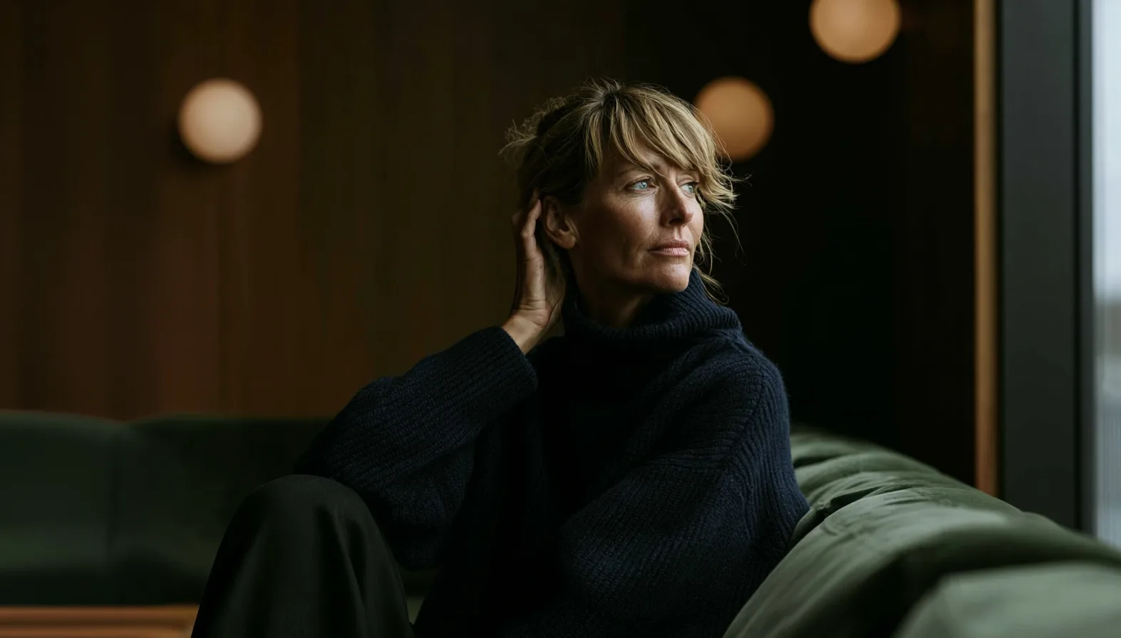 Femme assise dans un intérieur sombre, regard tourné vers la fenêtre