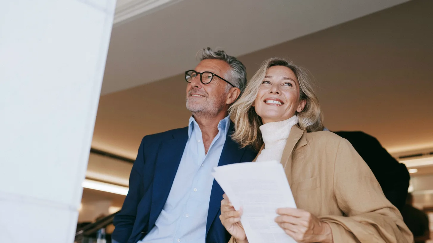 Couple souriant consultant un document