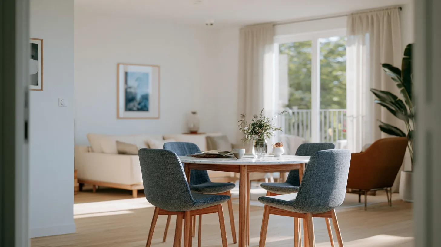 Séjour meublé d'un appartement neuf ouvert sur un balcon
