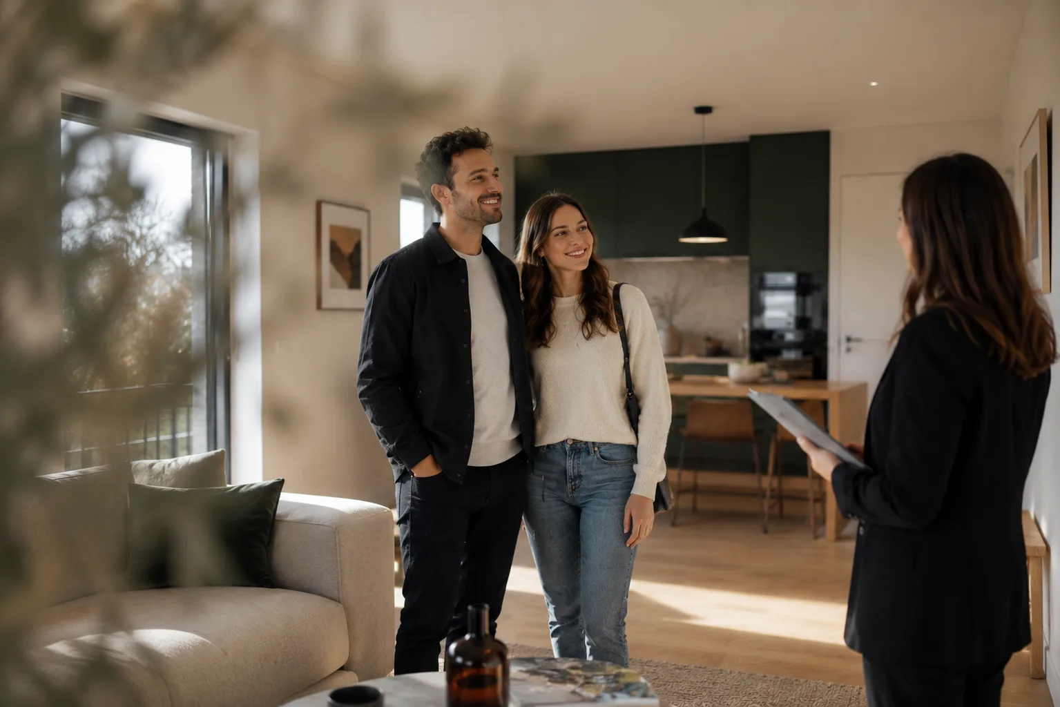 Un couple souriant visitant un appartement neuf avec une conseillère