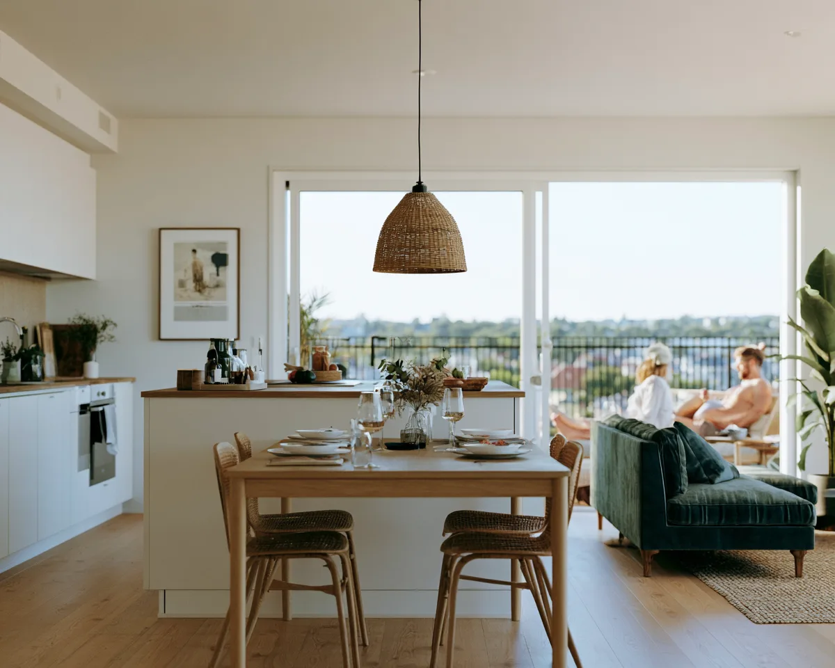 Séjour d'un logement neuf ouvert sur un balcon
