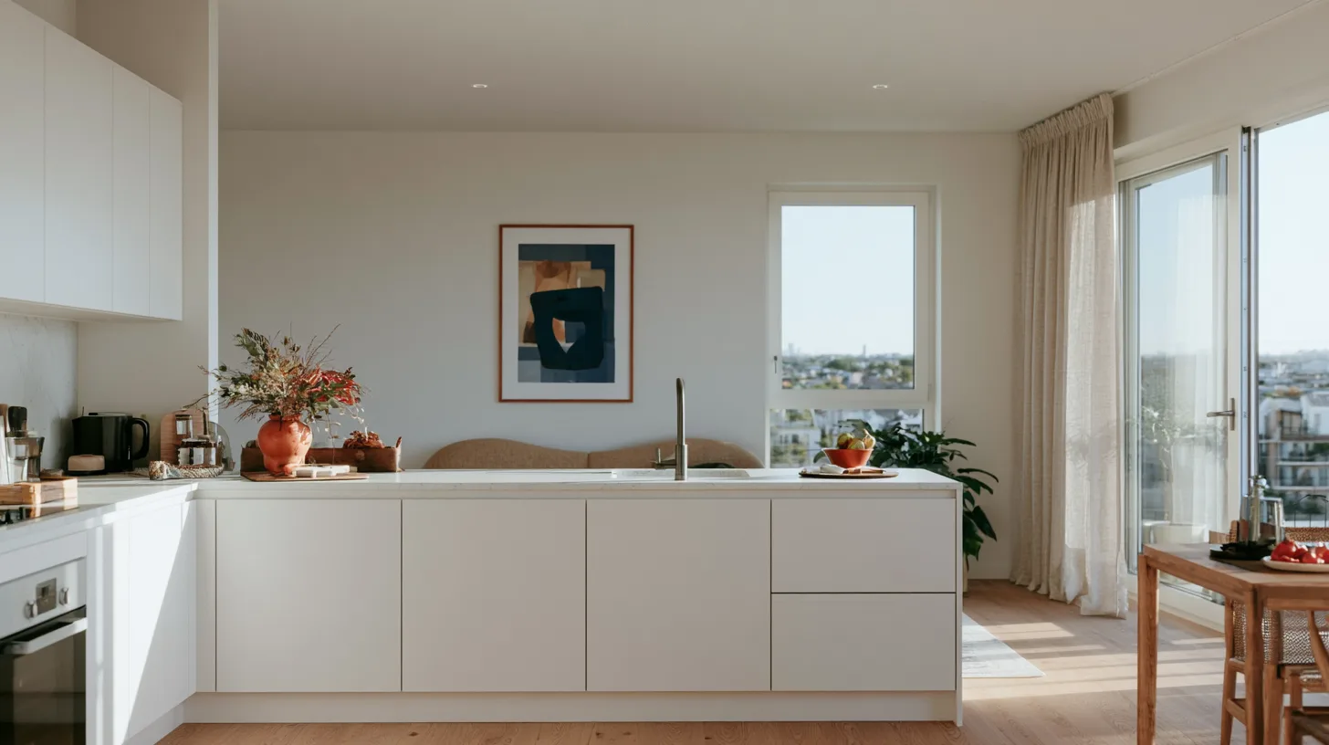Séjour d'un logement neuf avec cuisine ouverte