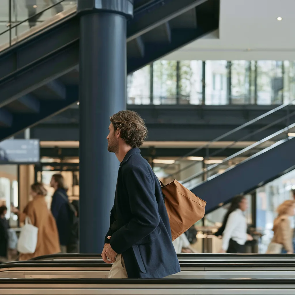Un voyageur traverse le hall vitré d’une gare